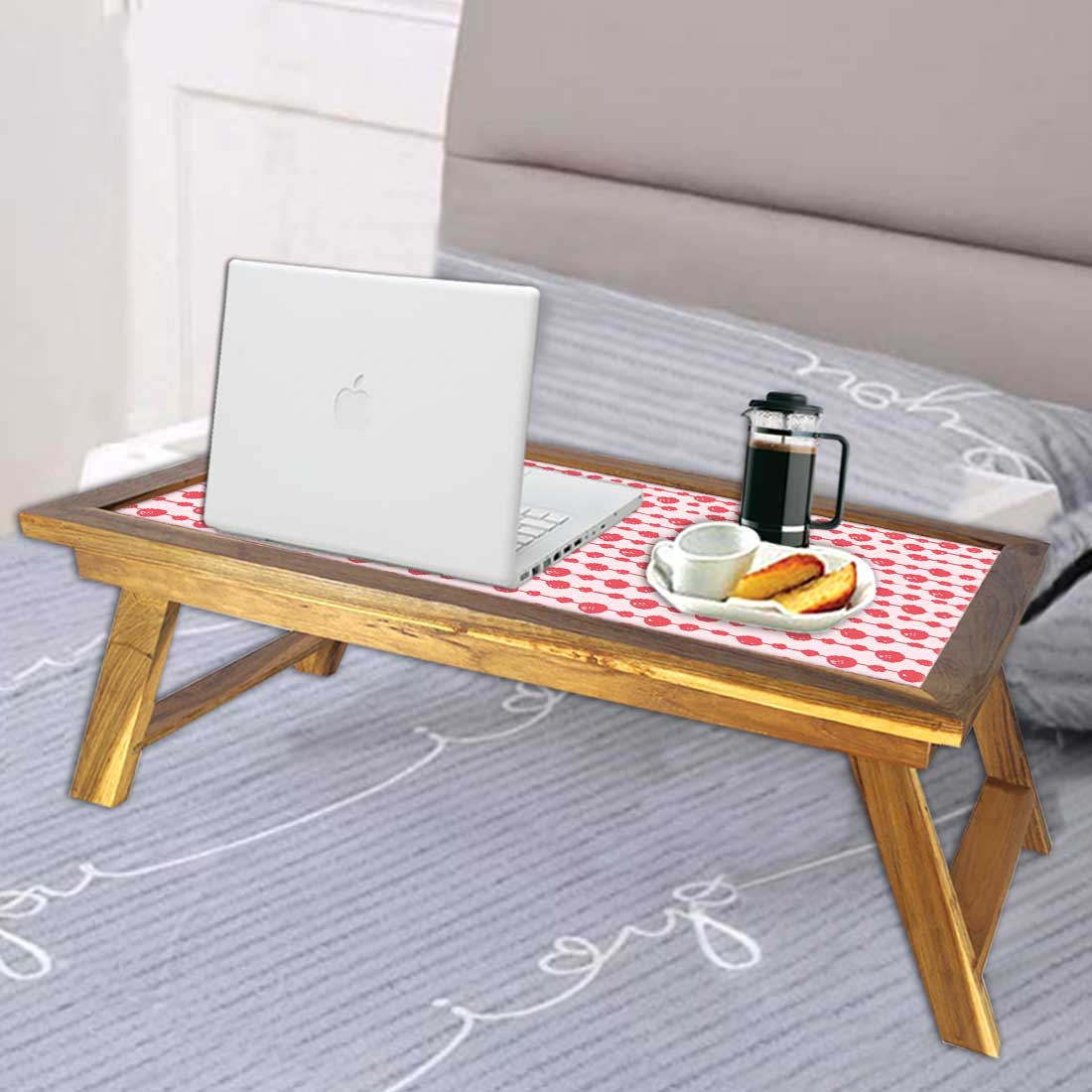 Nutcase Folding Laptop Table For Home Bed Lapdesk Breakfast Table Foldable Teak Wooden Study Desk - Pink White Dots Nutcase