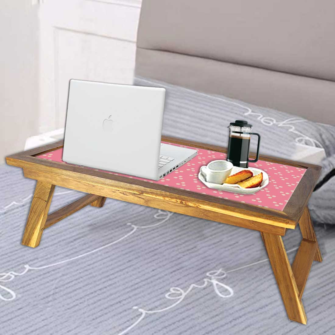 Nutcase Folding Laptop Table For Home Bed Lapdesk Breakfast Table Foldable Teak Wooden Study Desk - Paw - Pink Nutcase
