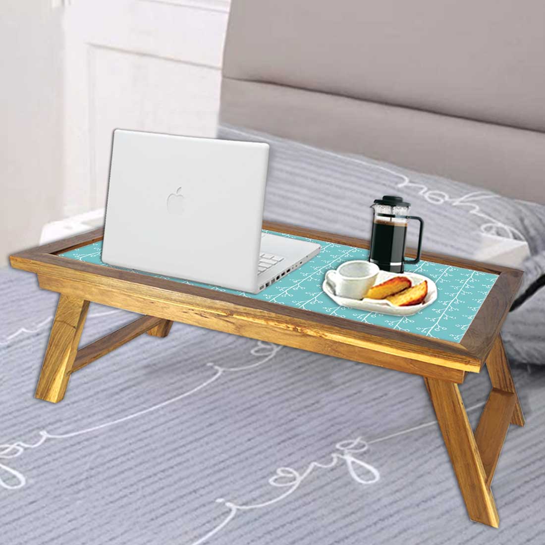 Nutcase Folding Laptop Table For Home Bed Lapdesk Breakfast Table Foldable Teak Wooden Study Desk - Blue Branches Nutcase