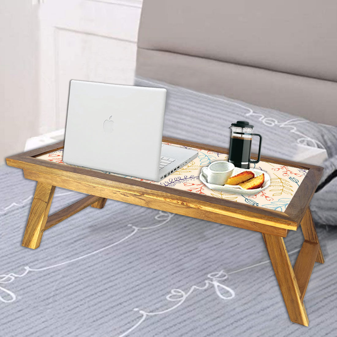 Nutcase Folding Laptop Table For Home Bed Lapdesk Breakfast Table Foldable Teak Wooden Study Desk - Leaves and Branches - White Nutcase