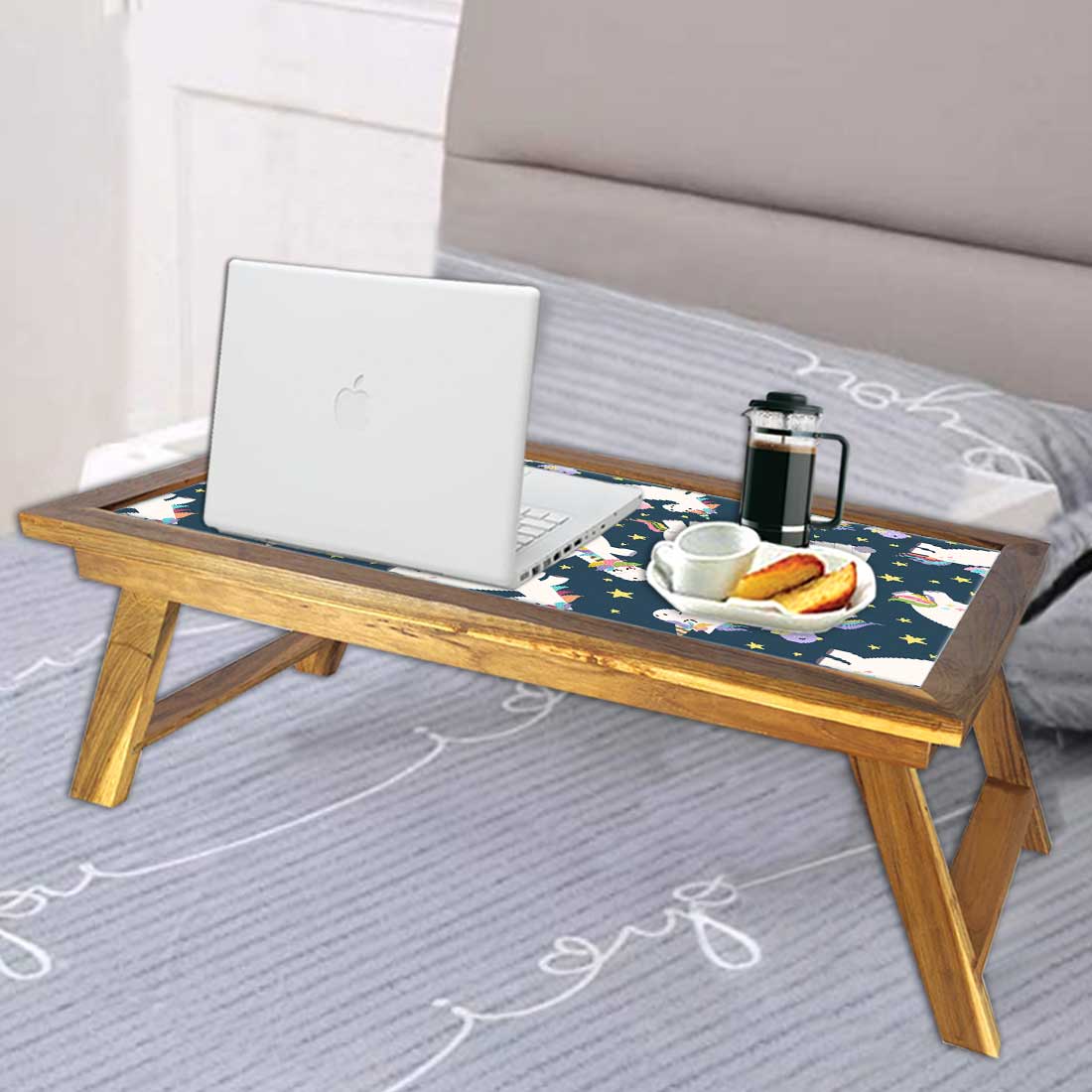 Folding Wooden Laptop Table for Home Bed Breakfast Tray - White Unicorn Nutcase