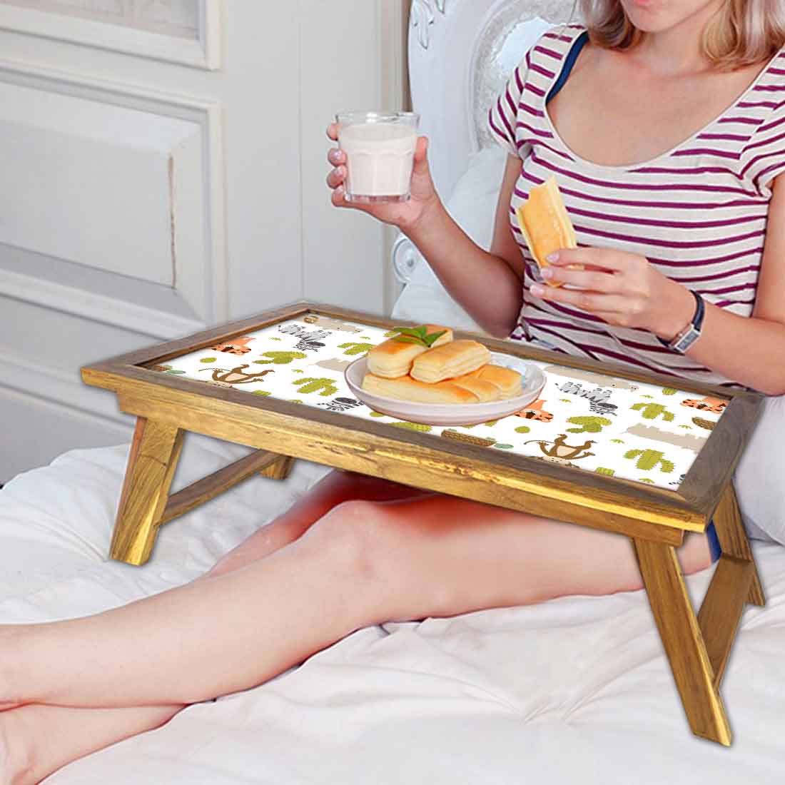 Designer Wooden Lap Tray for Eating Breakfast Table - Animals & Cactus Nutcase