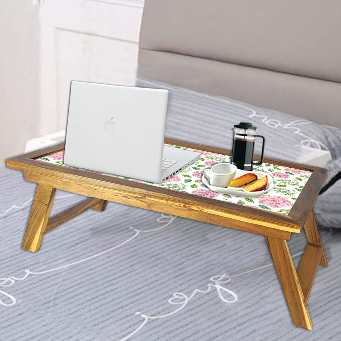 Designer Bed Breakfast Table Wooden & Tray for Home - Flower Pattern Nutcase
