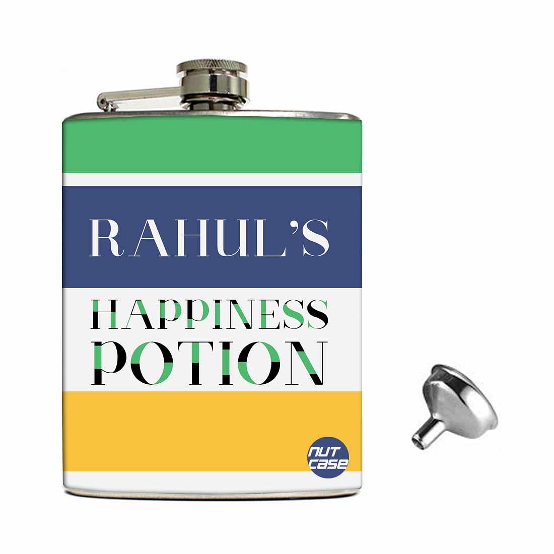 Personalized Hip Flasks for Liquor Set 8 oz Stainless Steel | Wedding Gift Box with Funnel and Personalised Pine Wood Box | Bar Accessories Cocktail Set - Happiness Potion Blue Nutcase