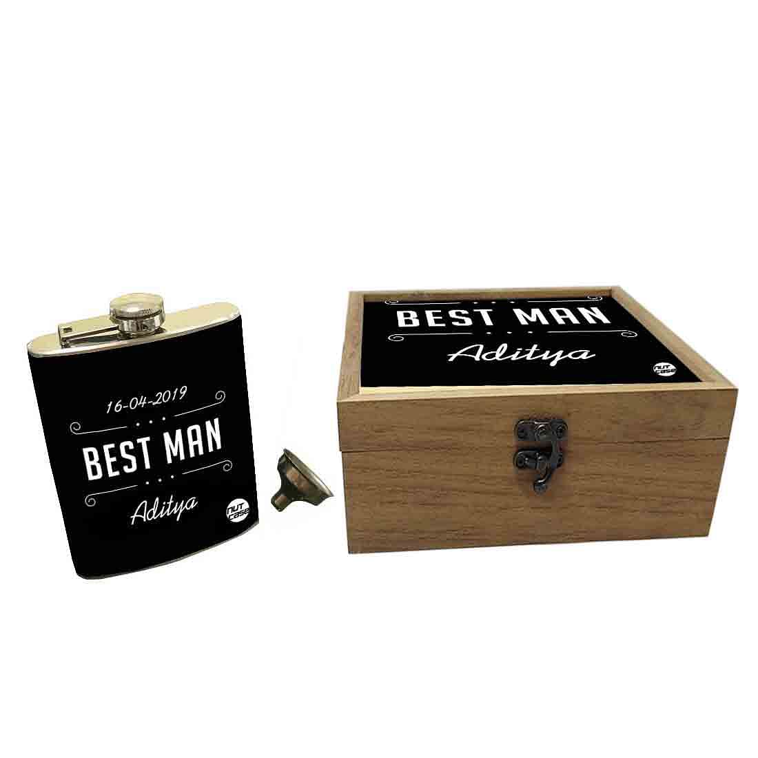 Personalized Hip Flasks for Liquor Set 8 oz Stainless Steel | Wedding Gift Box with Funnel and Personalised Pine Wood Box | Bar Accessories Cocktail Set - Best Man Nutcase