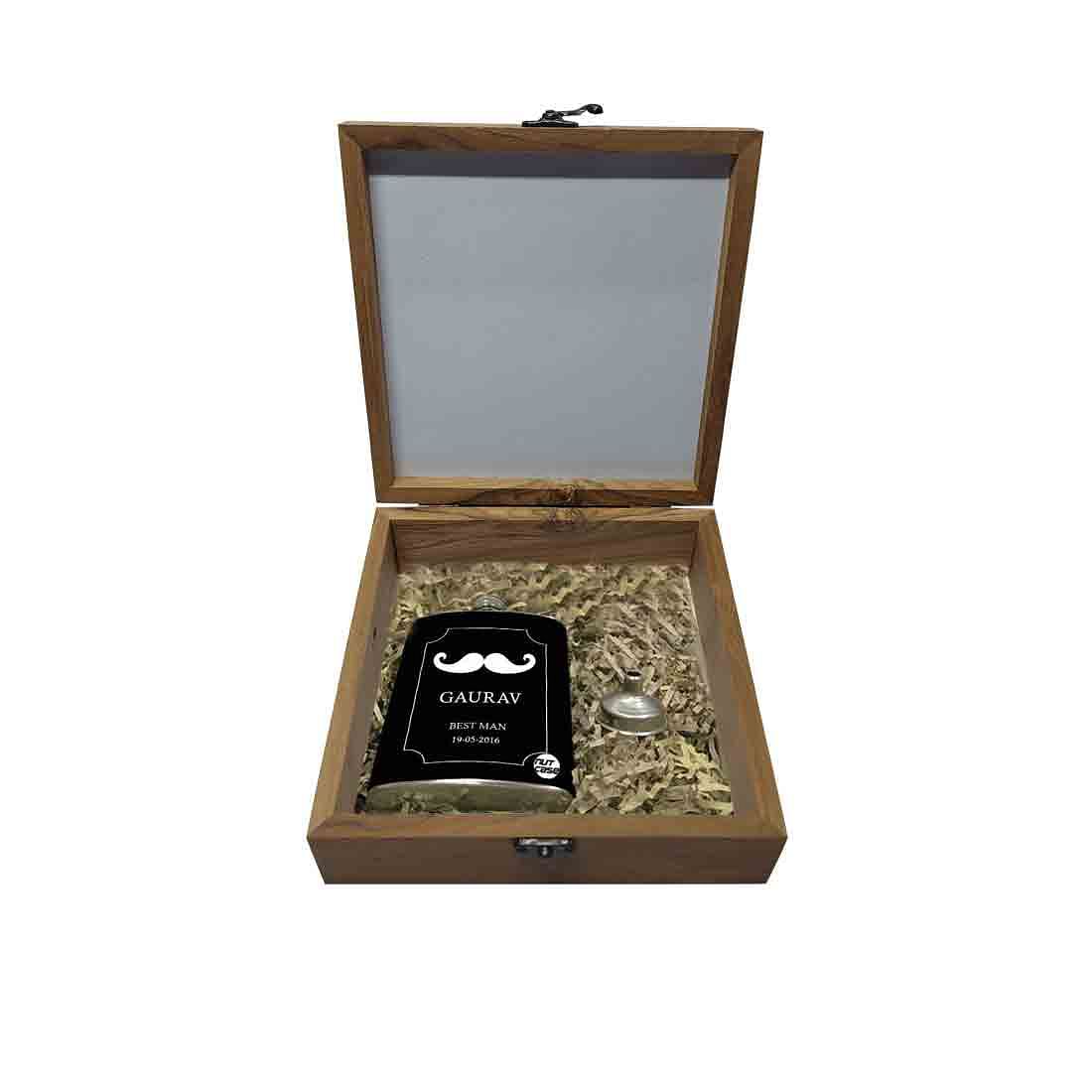 Personalized Hip Flasks for Liquor Set 8 oz Stainless Steel | Wedding Gift Box with Funnel and Personalised Pine Wood Box | Bar Accessories Cocktail Set - Mustache Nutcase