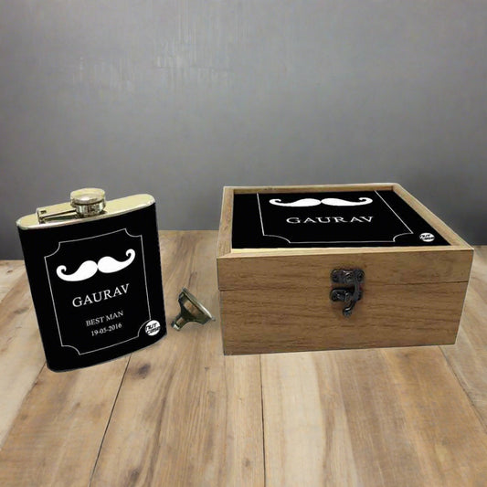 Personalized Hip Flasks for Liquor Set 8 oz Stainless Steel | Wedding Gift Box with Funnel and Personalised Pine Wood Box | Bar Accessories Cocktail Set - Mustache Nutcase