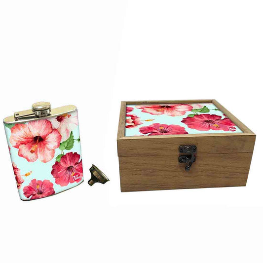 Hip Flask Gift Box -Hip Flask For Women - Hibiscus Flower Nutcase