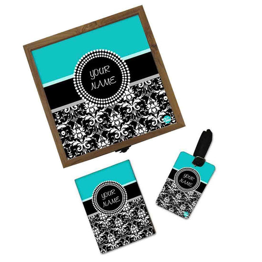 Personalized Passport Cover Combo - Damask Blue Nutcase