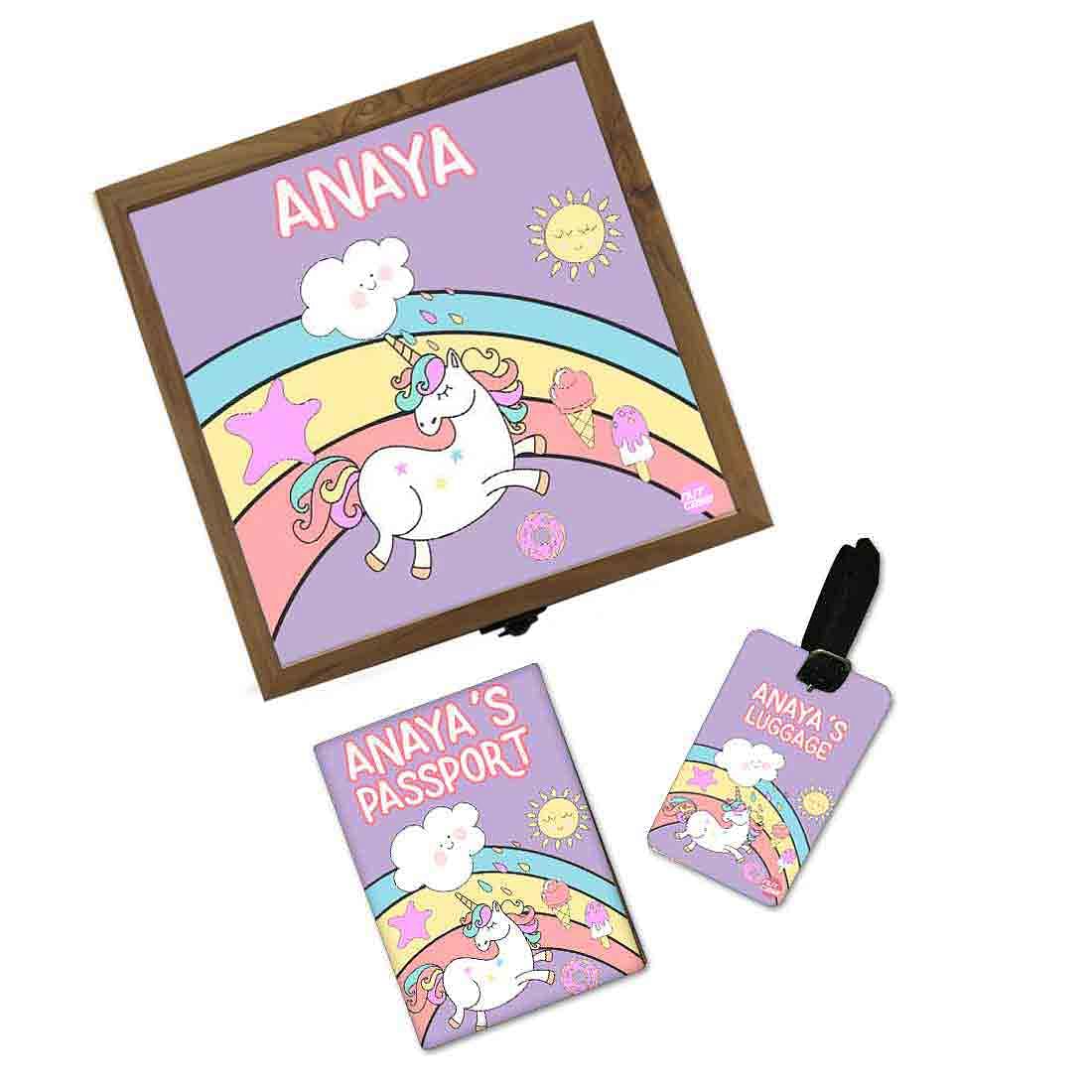 Custom Kids Passport Cover With Luggage Tag - Unicorn And Rainbow Candy Nutcase
