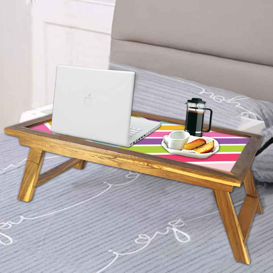Nutcase Designer Lapdesk Breakfast Bed Table-Foldable Teak Wooden Study Desk - Colorful Strips Nutcase