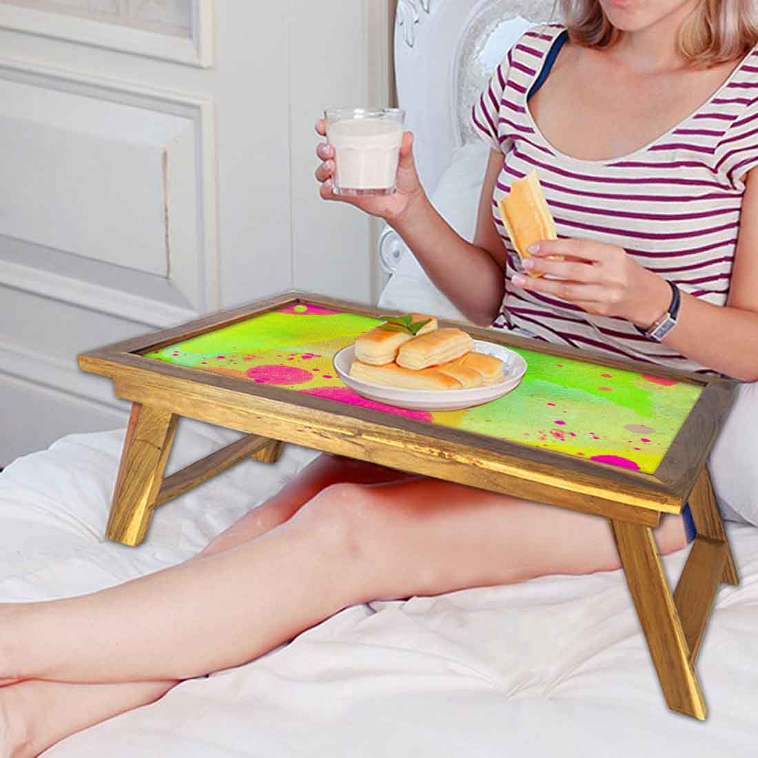 Nutcase Designer Breakfast in Bed Folding Tray Teak Wooden Study Desk - Green Watercolor Nutcase