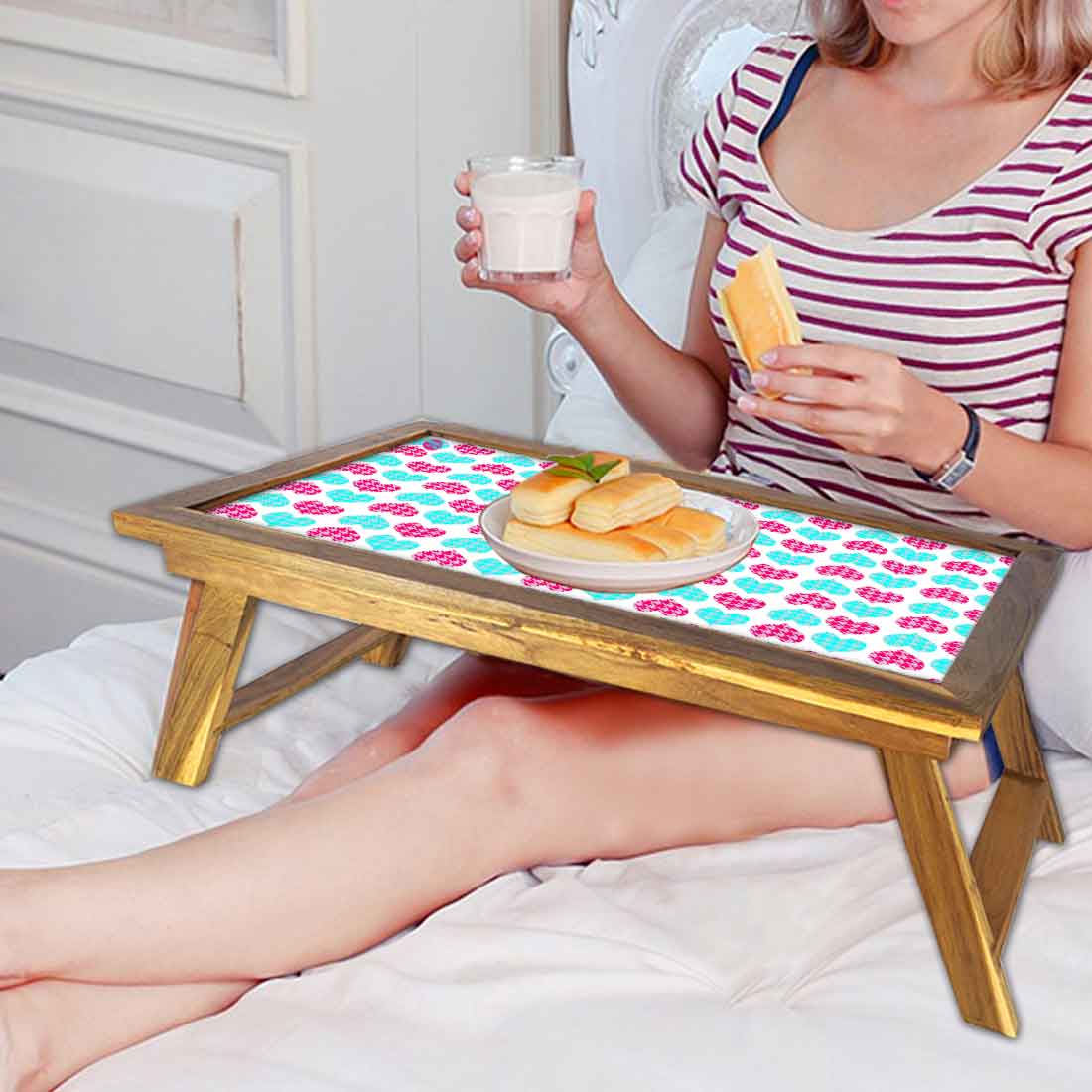 Nutcase Designer Lapdesk Breakfast Bed Table-Foldable Teak Wooden Study Desk - Hearts Pink And Blue Nutcase