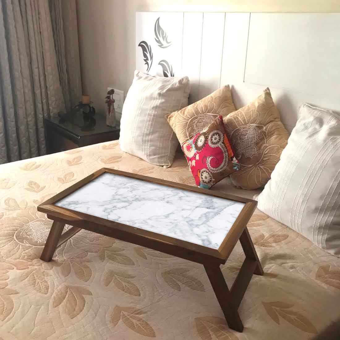 Nutcase Designer Lapdesk Over Bed Breakfast Table Teak Wooden Study Desk - Digital Print NOT Real Marble -White Marble Effect Nutcase
