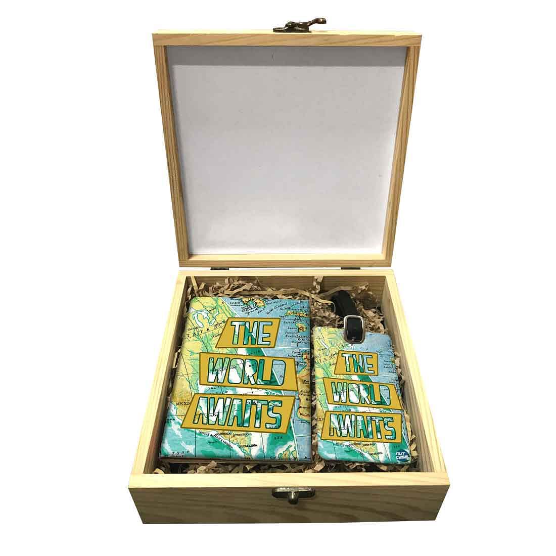 Passport Cover Luggage Tag Wooden Gift Box Set - The World Awaits Nutcase