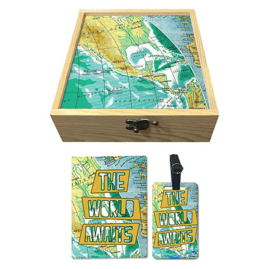 Passport Cover Luggage Tag Wooden Gift Box Set - The World Awaits Nutcase