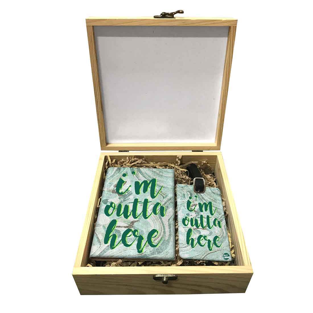 Passport Cover Luggage Tag Wooden Gift Box Set - I Am Outta Here Nutcase