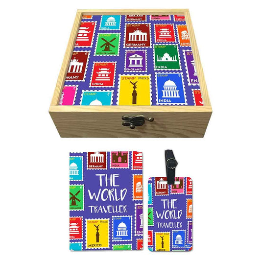 Passport Cover Luggage Tag Wooden Gift Box Set - The World Traveller Nutcase