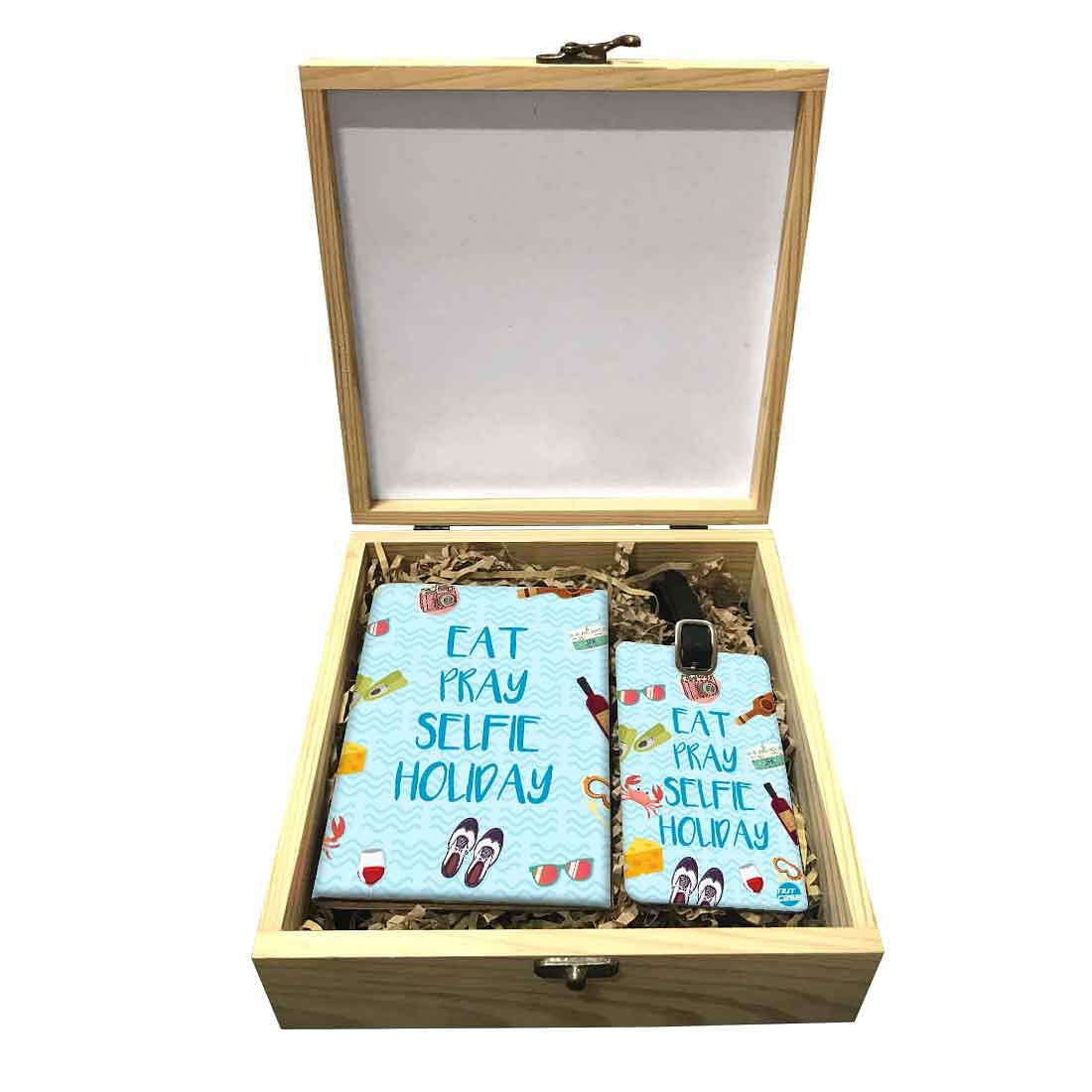Passport Cover Luggage Tag Wooden Gift Box Set - Eat Pray Selfie Holiday Nutcase