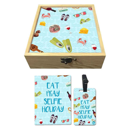 Passport Cover Luggage Tag Wooden Gift Box Set - Eat Pray Selfie Holiday Nutcase