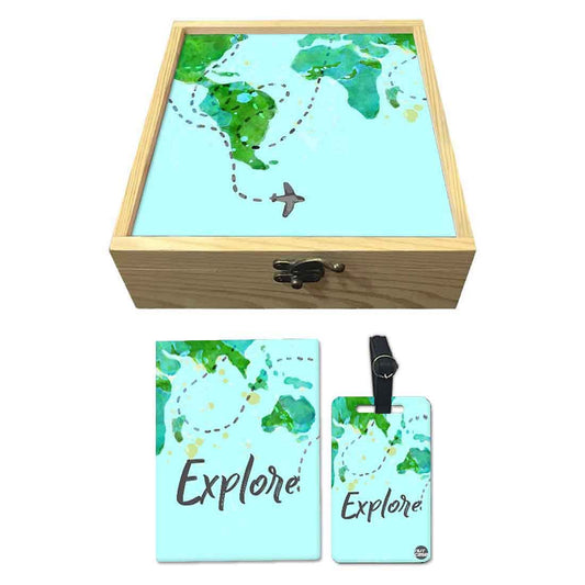 Passport Cover Luggage Tag Wooden Gift Box Set - Explore Nutcase