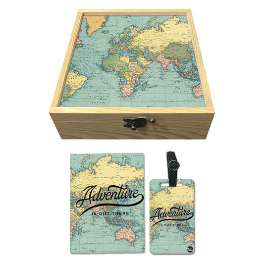 Passport Cover Luggage Tag Wooden Gift Box Set - Adventure Is Out There Nutcase
