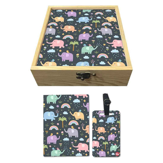 Passport Holder Cover For Kids Luggage Tag Wooden Gift Box Set - Cute Elephant Nutcase