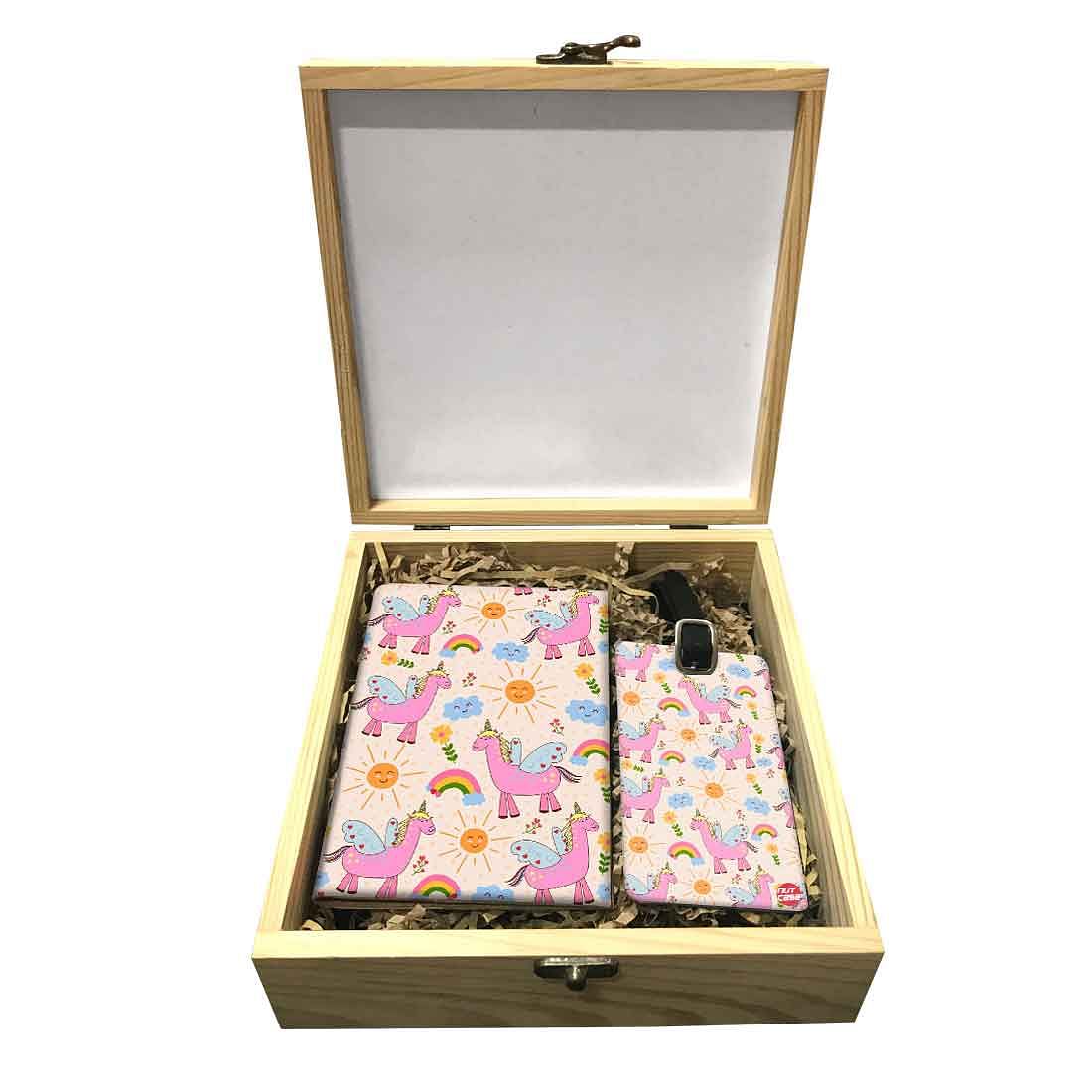 Passport Holder Cover For Kids Luggage Tag Wooden Gift Box Set - Unicorn And Rainbow Nutcase