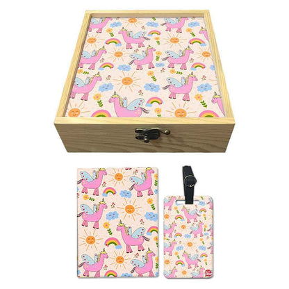 Passport Holder Cover For Kids Luggage Tag Wooden Gift Box Set - Unicorn And Rainbow Nutcase