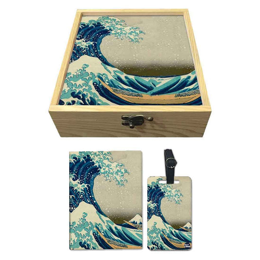 Passport Cover Luggage Tag Wooden Gift Box Set - Big wave Nutcase