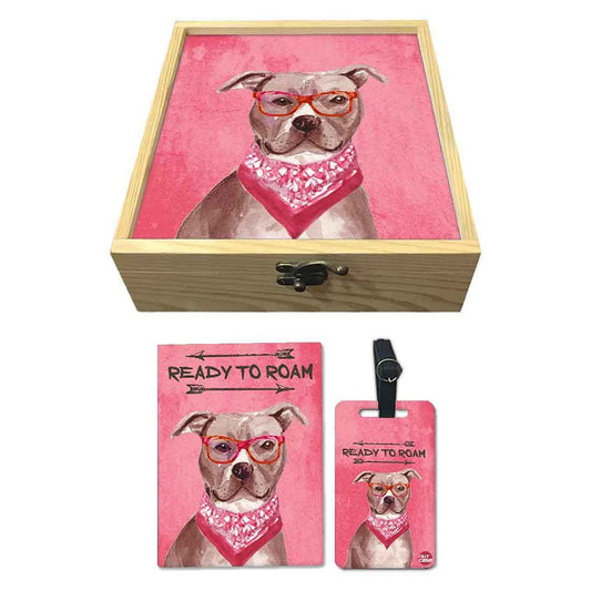 Passport Cover Luggage Tag Wooden Gift Box Set - Hipster Pitbul Nutcase