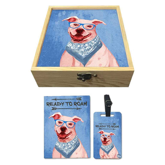 Passport Cover Luggage Tag Wooden Gift Box Set - Hipster Dog Nutcase