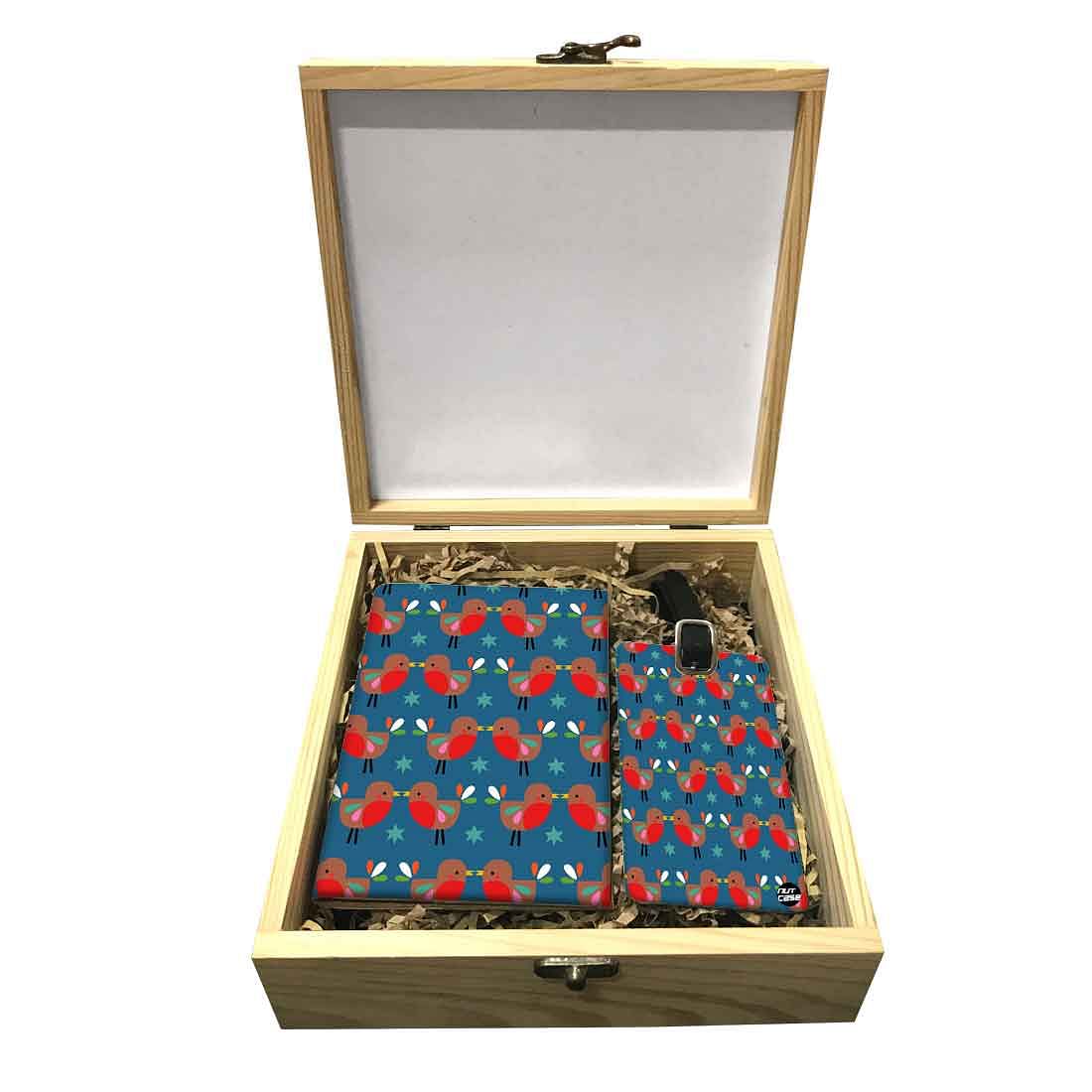 Passport Cover Luggage Tag Wooden Gift Box Set - Cute Bird Nutcase