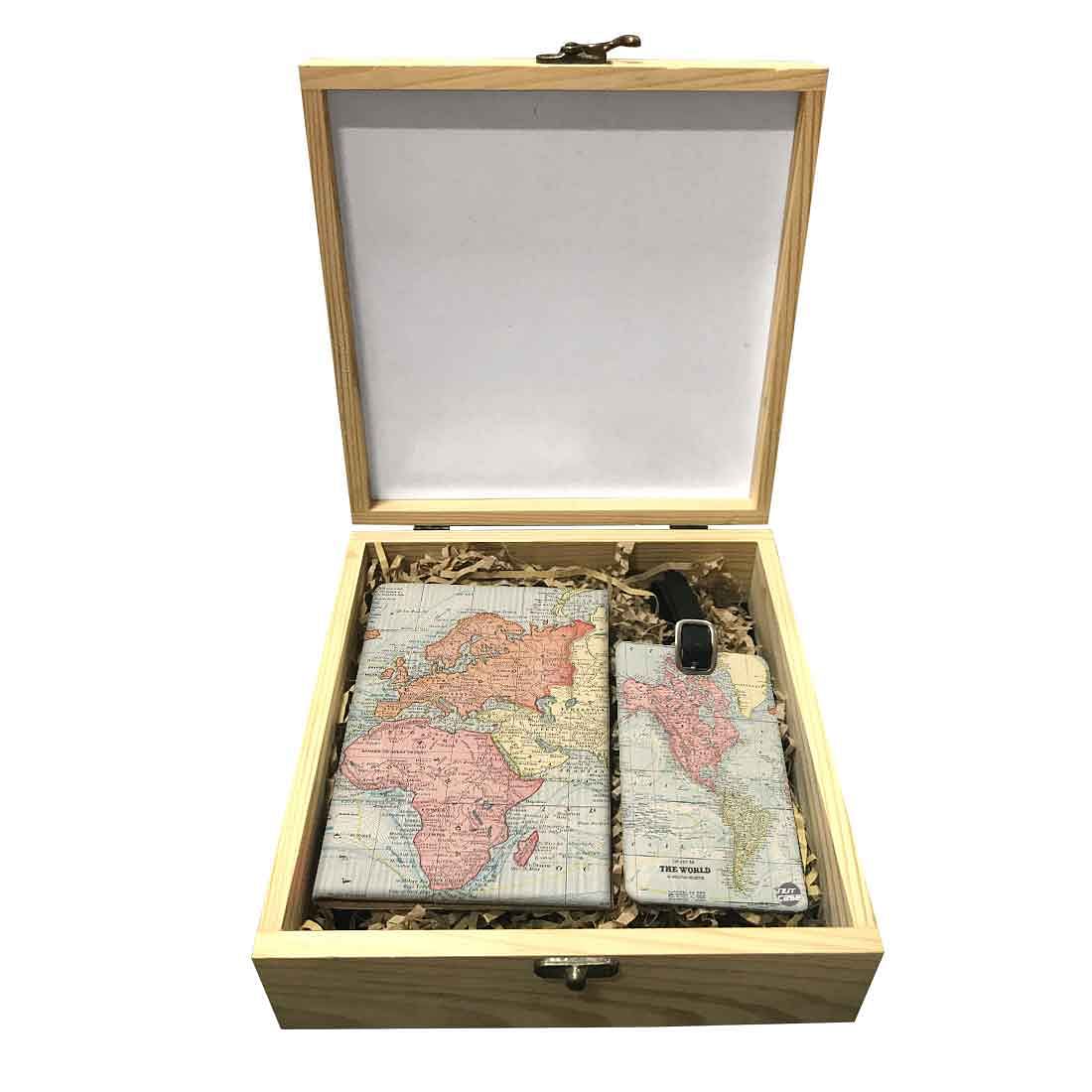 Passport Cover Luggage Tag Wooden Gift Box Set - The World Map Nutcase