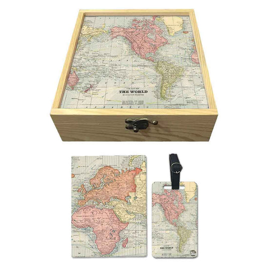 Passport Cover Luggage Tag Wooden Gift Box Set - The World Map Nutcase