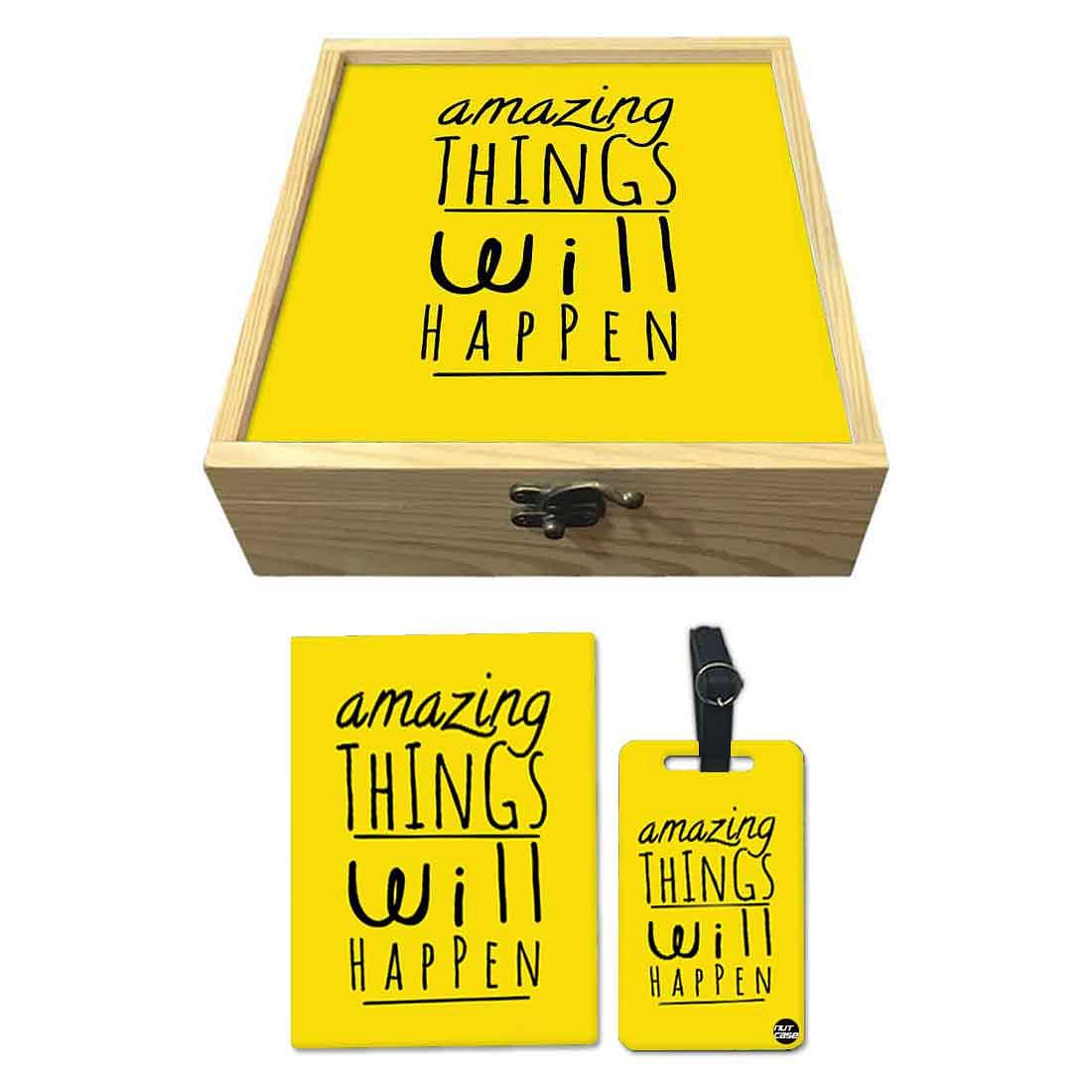 Passport Cover Luggage Tag Wooden Gift Box Set - Amazing Things Will Happen Nutcase