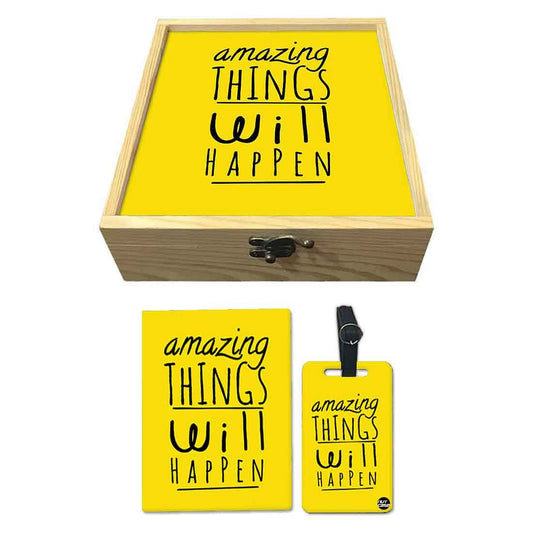 Passport Cover Luggage Tag Wooden Gift Box Set - Amazing Things Will Happen Nutcase