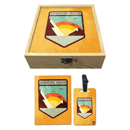 Passport Cover Luggage Tag Wooden Gift Box Set - Adventure Begins Nutcase