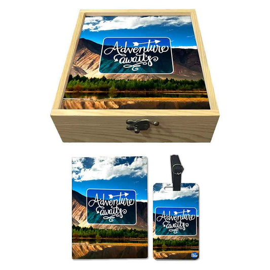 Passport Cover Luggage Tag Wooden Gift Box Set - Adventure Awaits Nutcase