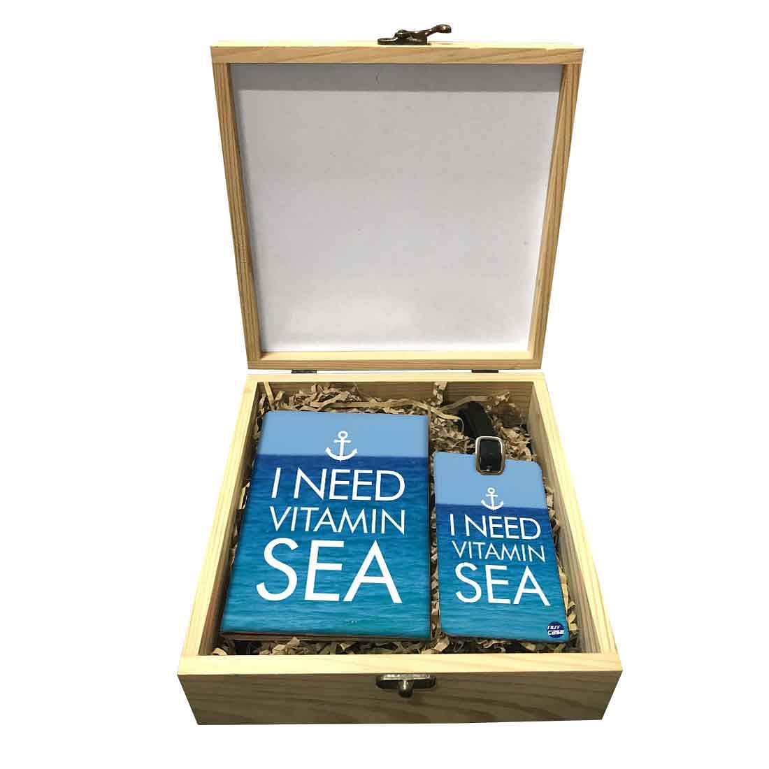 Passport Cover Luggage Tag Wooden Gift Box Set - I Need Vitamin Sea Nutcase