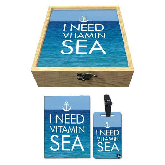 Passport Cover Luggage Tag Wooden Gift Box Set - I Need Vitamin Sea Nutcase