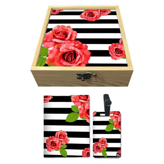 Passport Cover Luggage Tag Wooden Gift Box Set - Red Rose Nutcase