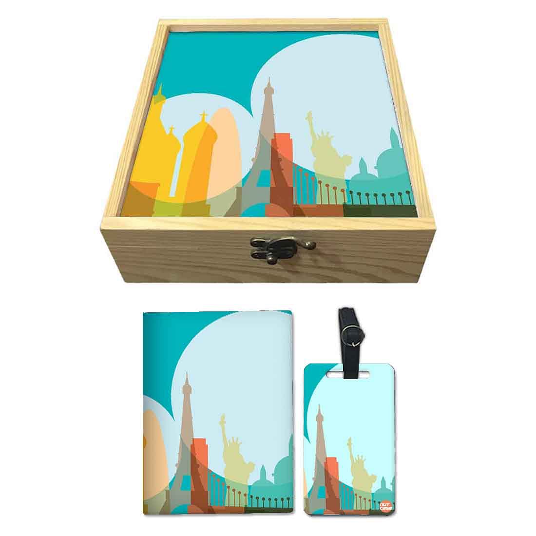Passport Cover Luggage Tag Wooden Gift Box Set - Eight Wonders Nutcase