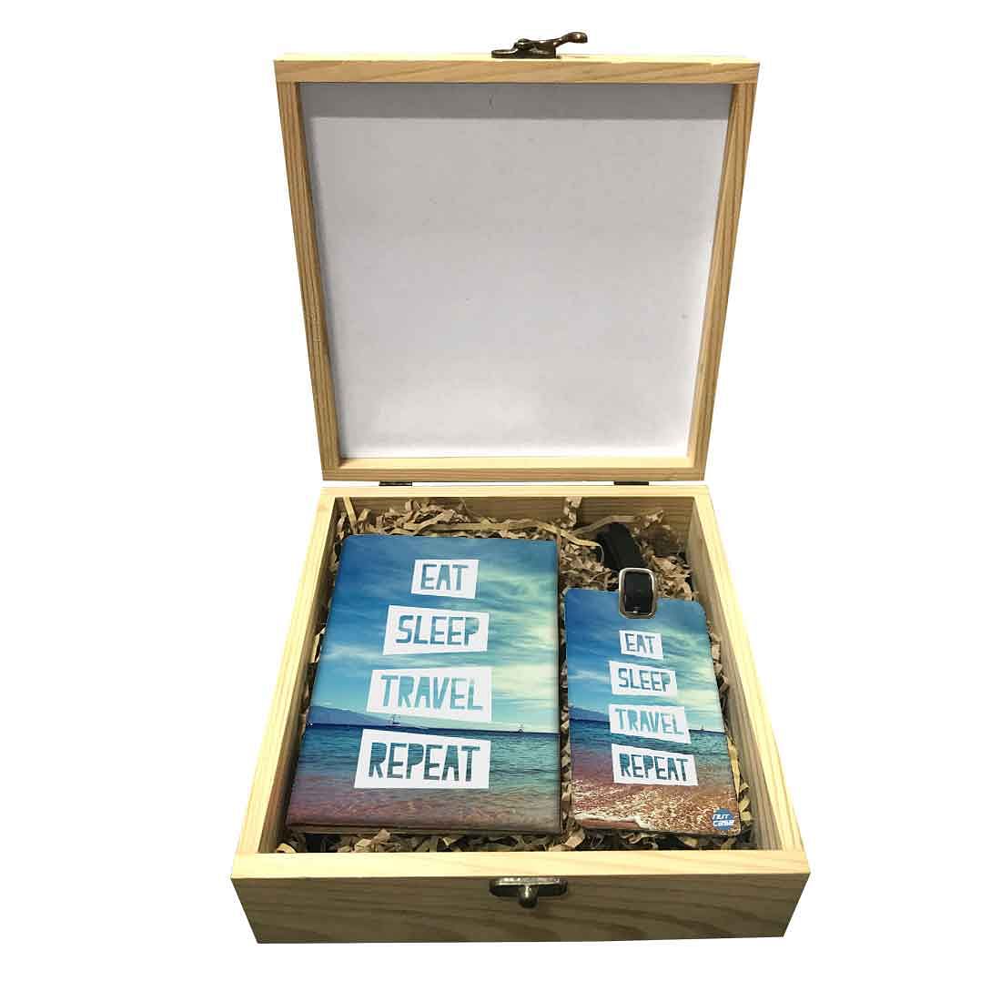 Passport Cover Luggage Tag Wooden Gift Box Set - Eat Sleep Travel Repeat Nutcase