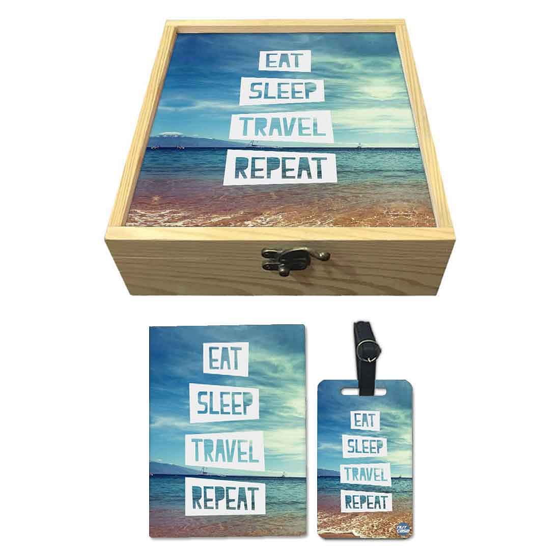 Passport Cover Luggage Tag Wooden Gift Box Set - Eat Sleep Travel Repeat Nutcase