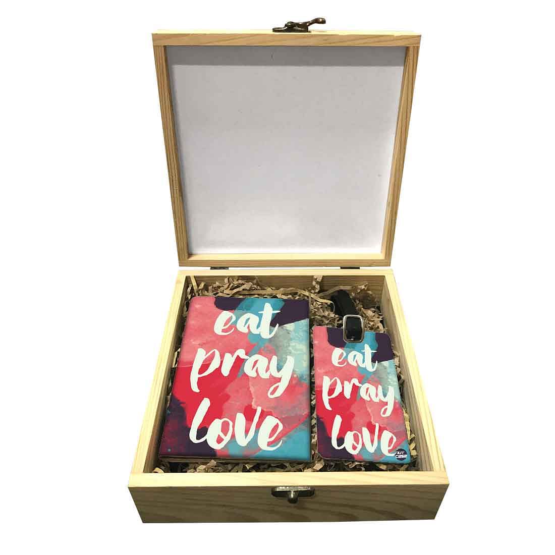 Passport Cover Luggage Tag Wooden Gift Box Set - Eat Pray Love Nutcase