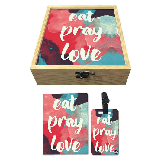 Passport Cover Luggage Tag Wooden Gift Box Set - Eat Pray Love Nutcase