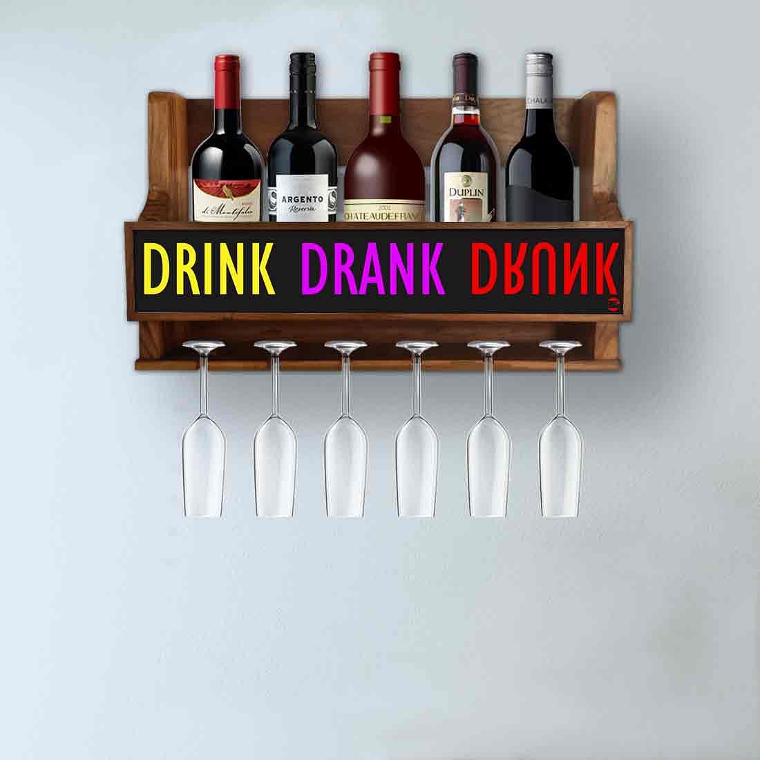Wall Mounted Wooden Wine Bottle Rack Mini Bar for 5 Bottles 6 Glasses - Drink Nutcase