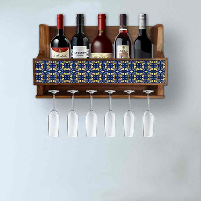 Nutcase Designer Wooden Wine Rack Gloss Holder, Teak Wood Wall Mounted Wine
 Cabinet , 5 bottle Hangers for 6 Wine Glasses - Nutcase