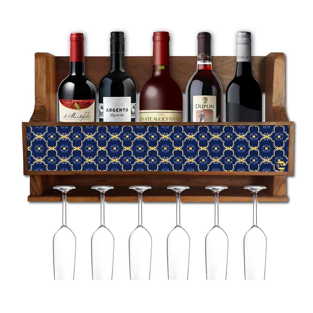 Nutcase Designer Wooden Wine Rack Gloss Holder, Teak Wood Wall Mounted Wine
 Cabinet , 5 bottle Hangers for 6 Wine Glasses - Nutcase